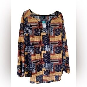Yellow and Blue Graphic Long Sleeve Blouse with Mandarin Collar